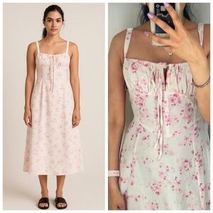 Floral Pink Midi Sundress Tie Front – Cottagecore Spring Dress by Sim & Sam